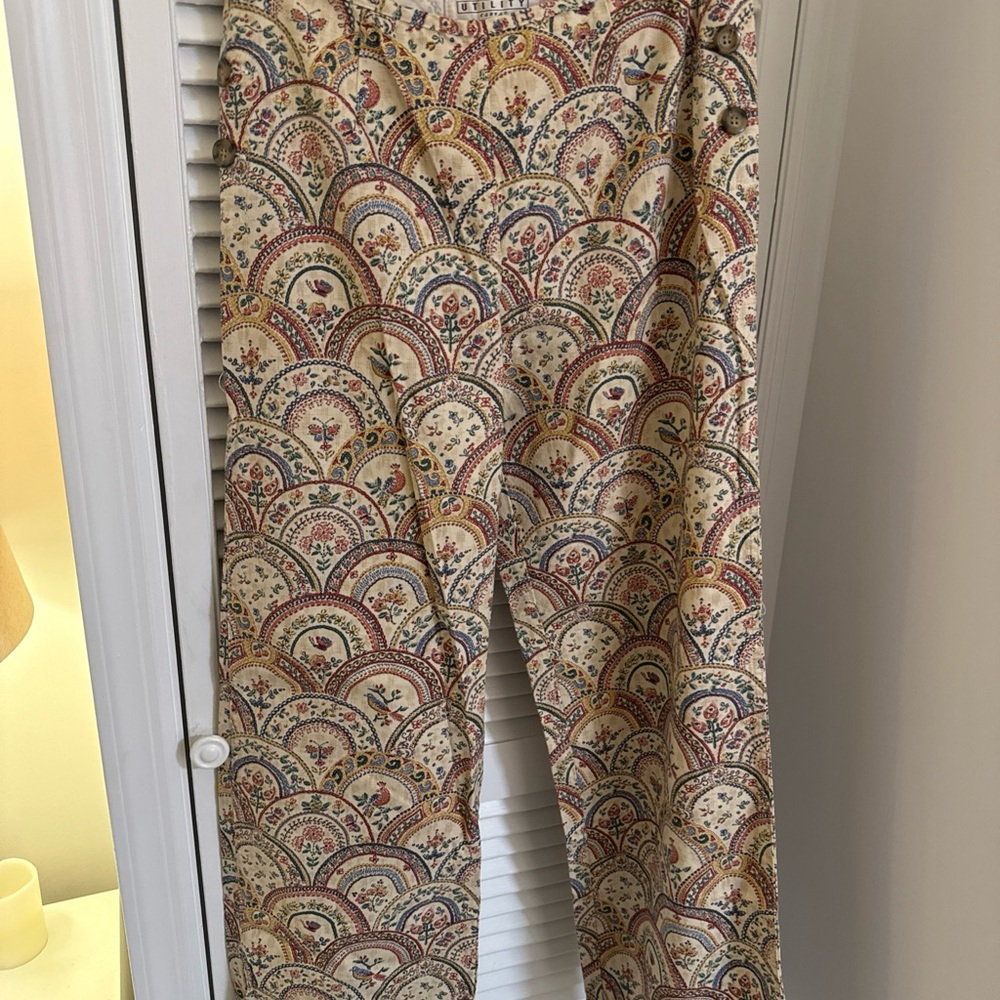 Paisley wide leg pants, small, embroidery print birds, butterflies, flowers